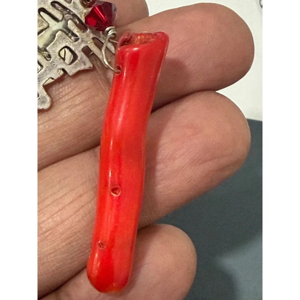 Double Happiness Earrings  Silver Tone Red Imitation Coral Clip On Dangle Drop